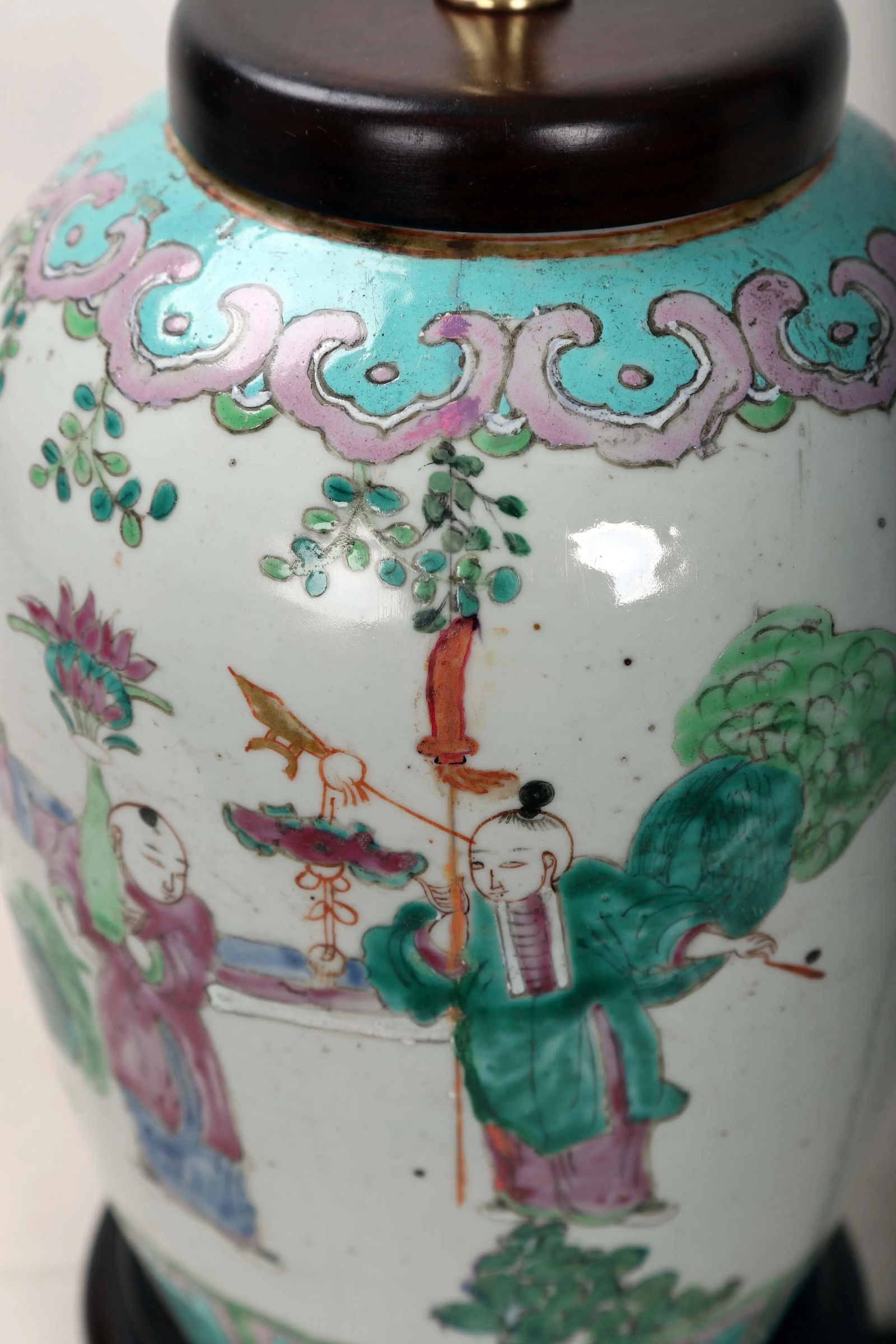 Vintage Famille Rose Scene and Symbols of Prosperity and Happiness Vase Lamp - 7