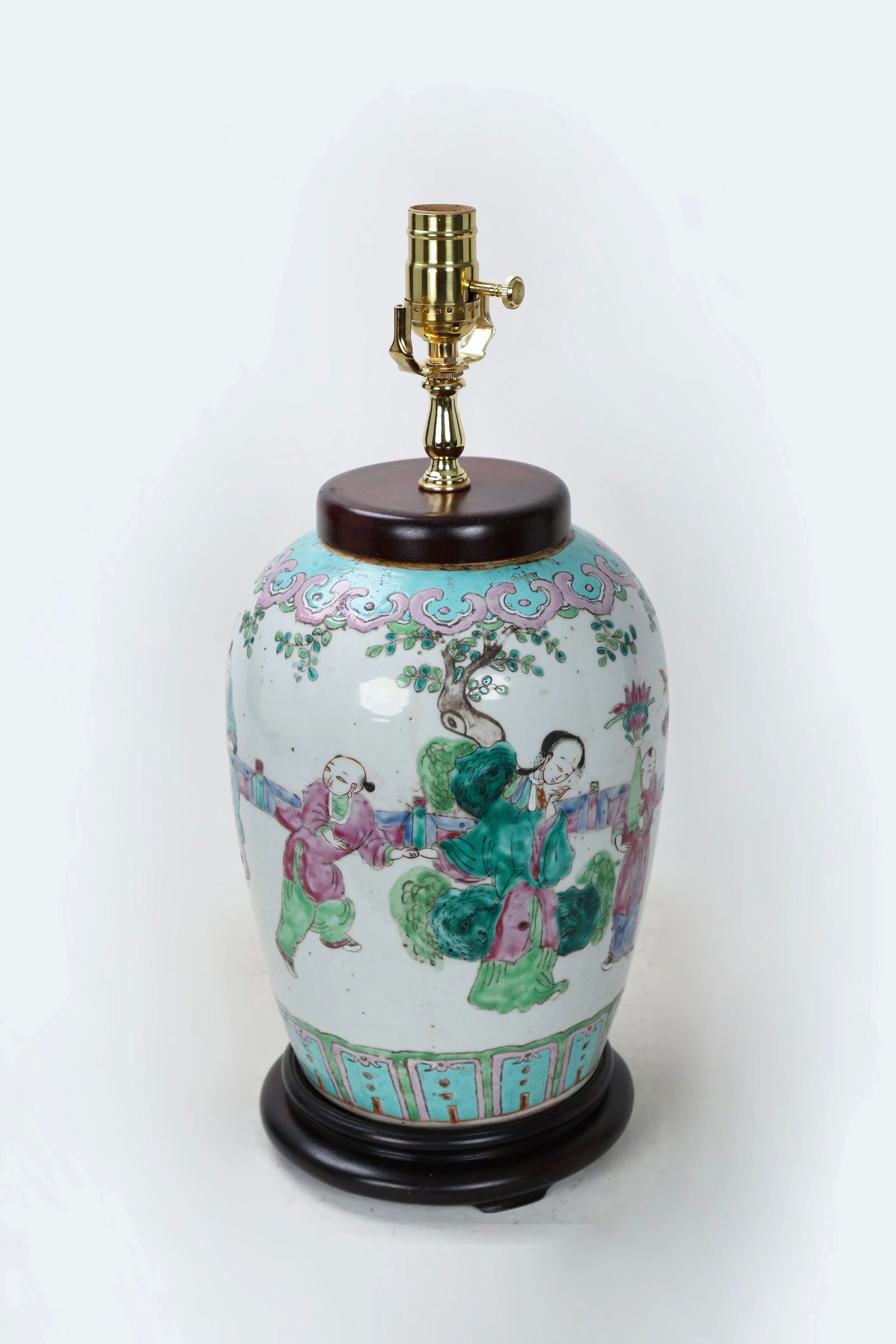 Vintage Famille Rose Scene and Symbols of Prosperity and Happiness Vase Lamp - 8