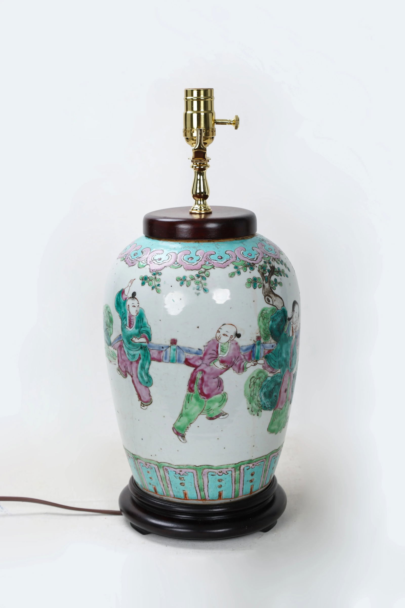 Vintage Famille Rose Scene and Symbols of Prosperity and Happiness Vase Lamp - 9
