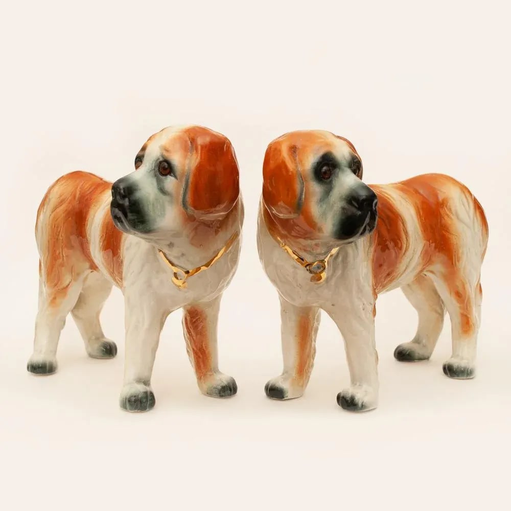 19th Century Large English Porcelain St. Bernard Dog Sculptures - a Pair - 10