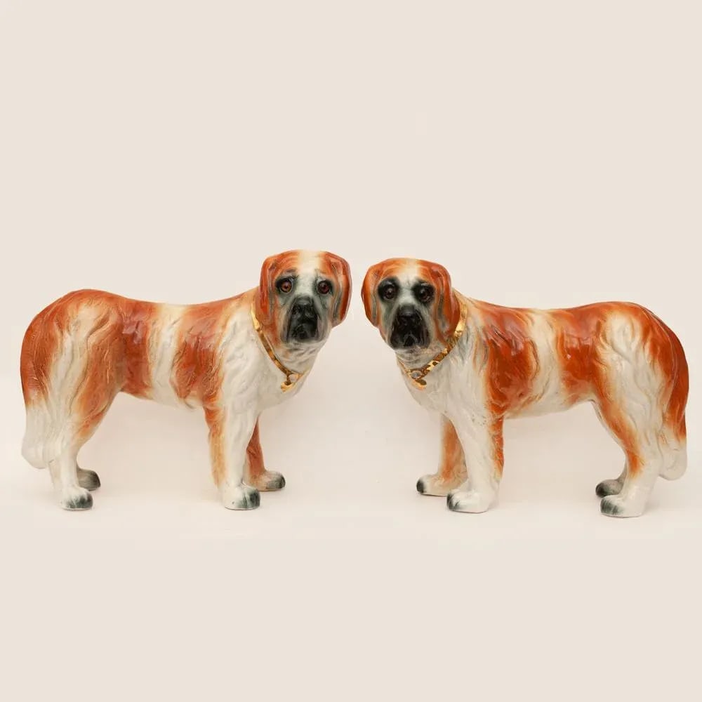 19th Century Large English Porcelain St. Bernard Dog Sculptures - a Pair - 12