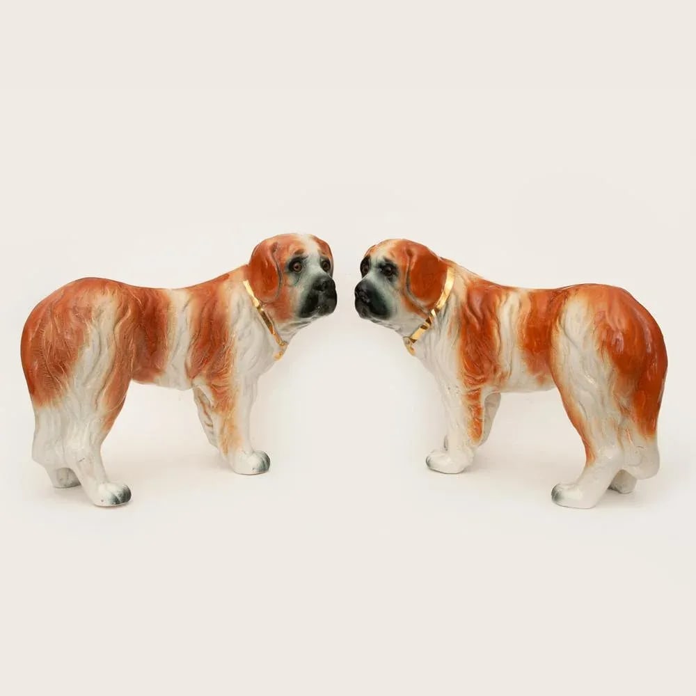 19th Century Large English Porcelain St. Bernard Dog Sculptures - a Pair - 6