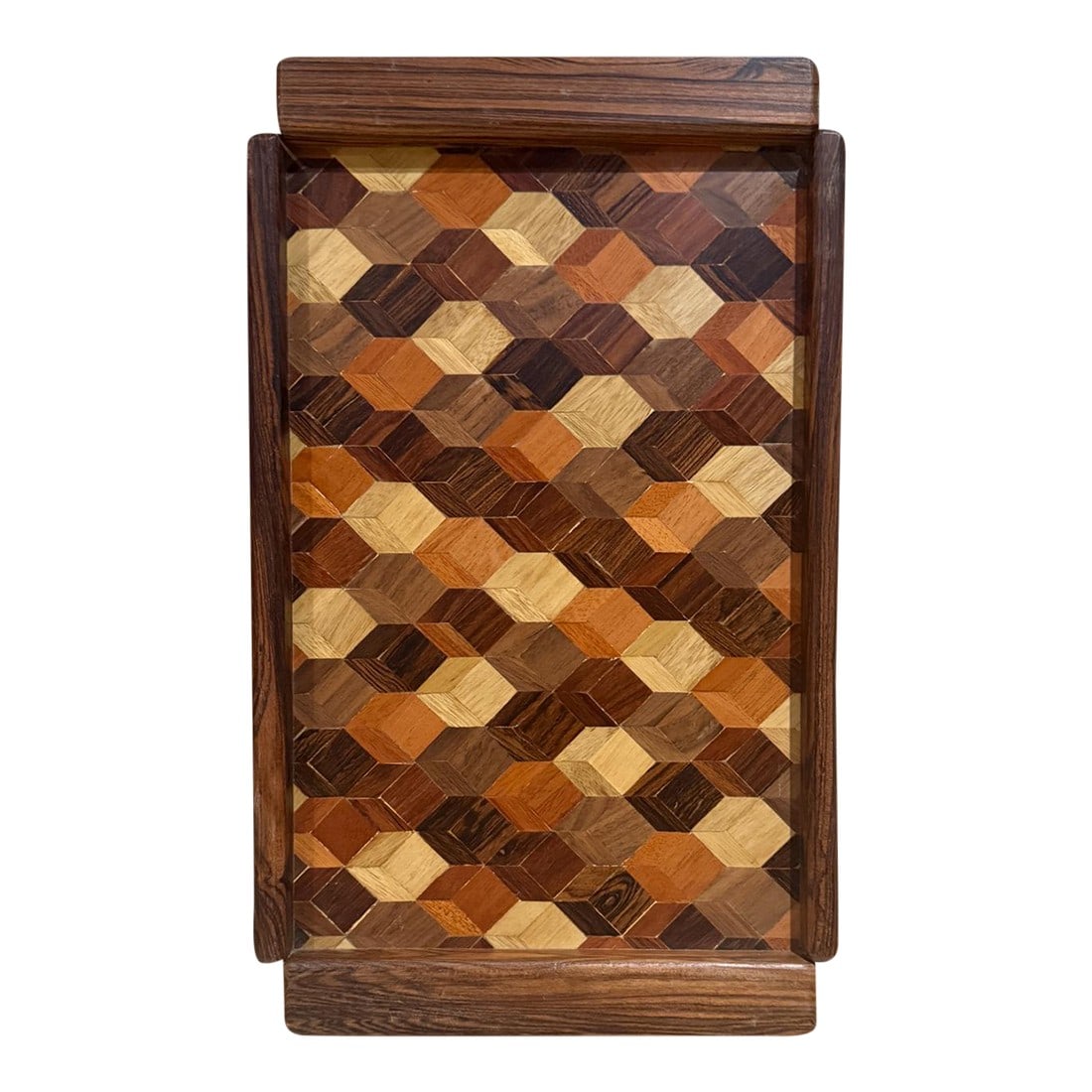 Mid-Century Modern Don Shoemaker SeÃ±al Service Tray Exotic Wood: For your consideration, a mid-century modern Don S Shoemaker SeÃ±al service tray exotic woods. Mexico circa the 1980s. Geometric parquetry. Stamp present. Dimensions: 1.25" D x 15" L x 9"