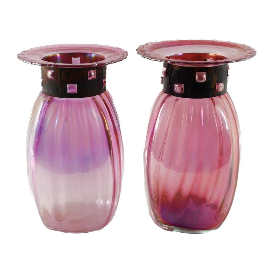 Pair of Mid 20th Century Blown Iridescent Czech Glass Vases With Copper Collars - 2