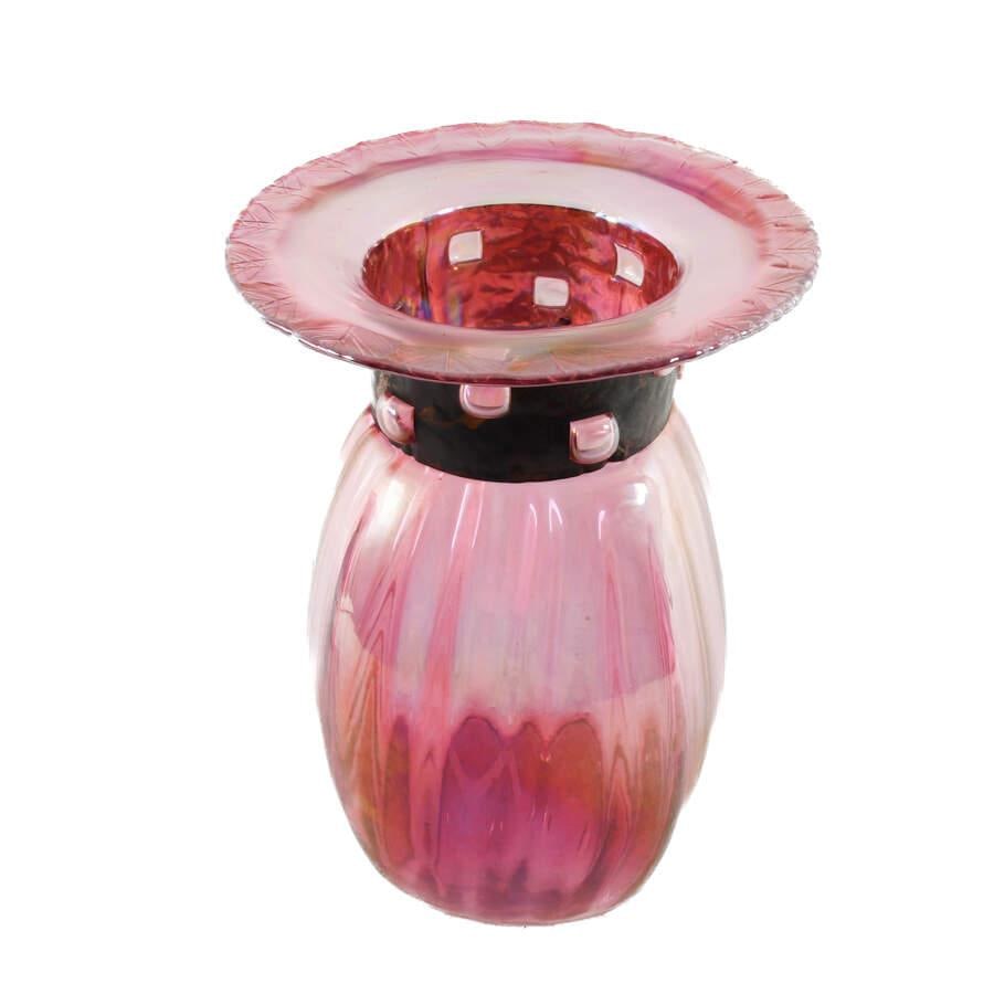 Pair of Mid 20th Century Blown Iridescent Czech Glass Vases With Copper Collars - 4