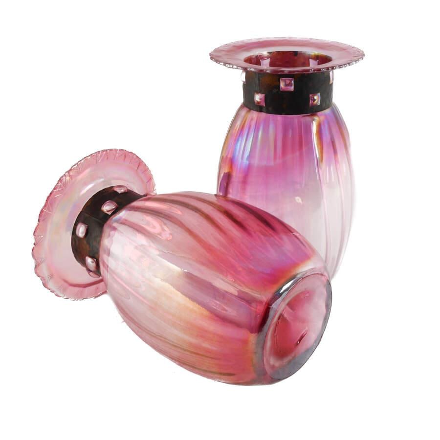 Pair of Mid 20th Century Blown Iridescent Czech Glass Vases With Copper Collars - 6