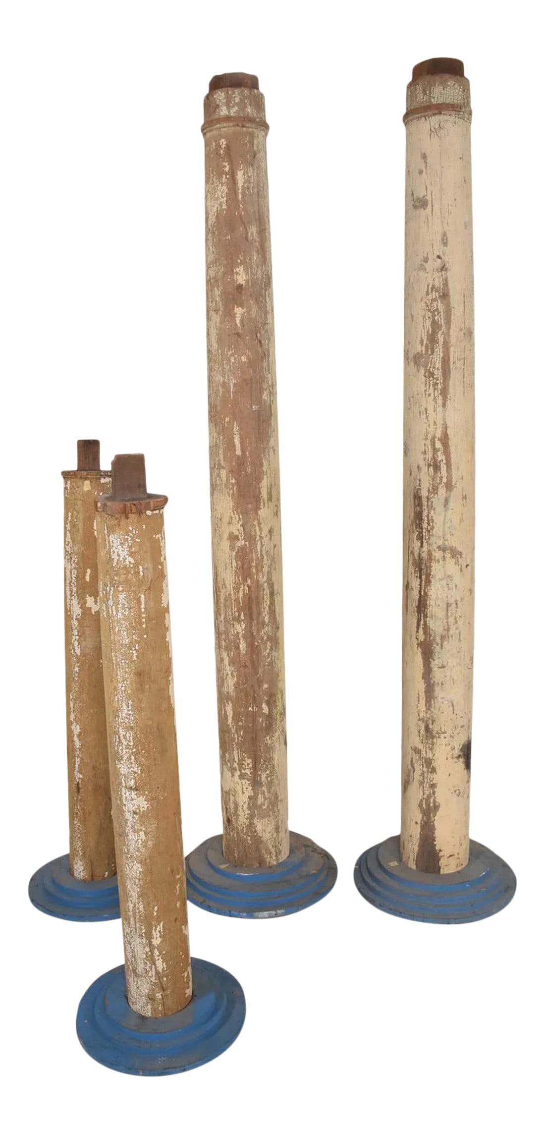 1930s Modern Salvage Architectural Wood Columns - Set of 4: AMBIANIC presents 1930s Vintage Architectural Modern Wood Columns set of 4 Distressed condition includes original paint and patina. Tall: 88.5 H x 7.5 diameter, Base 18 diameter, Short: 53 x 5.75 diam