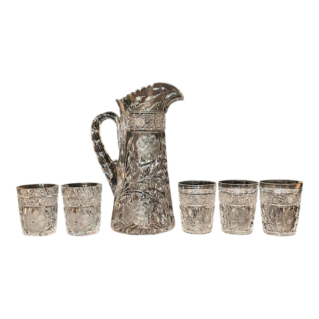 Antique Hand Cut Crystal Pitcher Tumbler Glass Set American Brilliant Period by Meriden- 6 Pieces: American Brilliant Period (ABP) Cut Crystal Set of 6 American Brilliant Period ranged approximately from 1876 to WW1. It is coming up on its 100 year Anniversary. Hand blown into iron molds "˜a