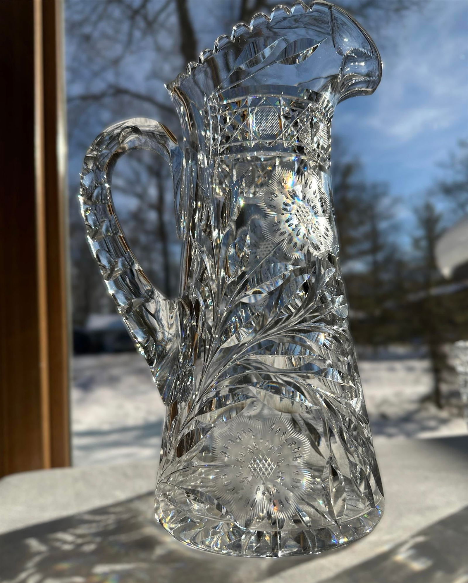 Antique Hand Cut Crystal Pitcher Tumbler Glass Set American Brilliant Period by Meriden- 6 Pieces - 2