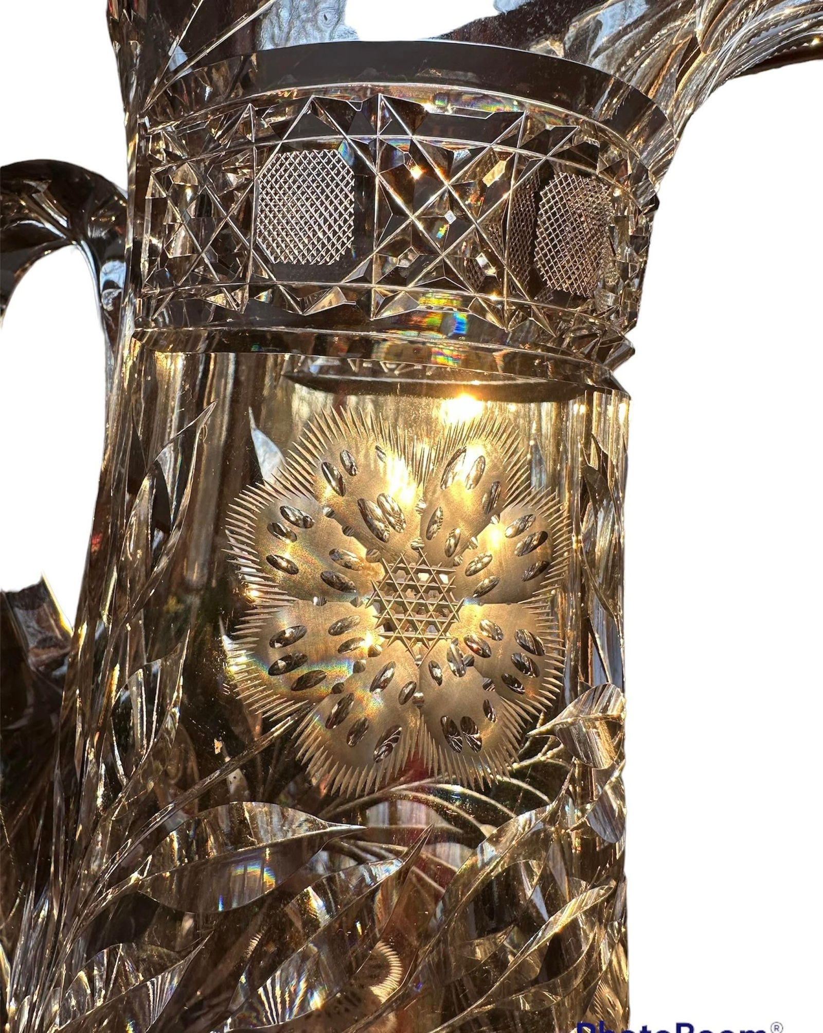 Antique Hand Cut Crystal Pitcher Tumbler Glass Set American Brilliant Period by Meriden- 6 Pieces - 3