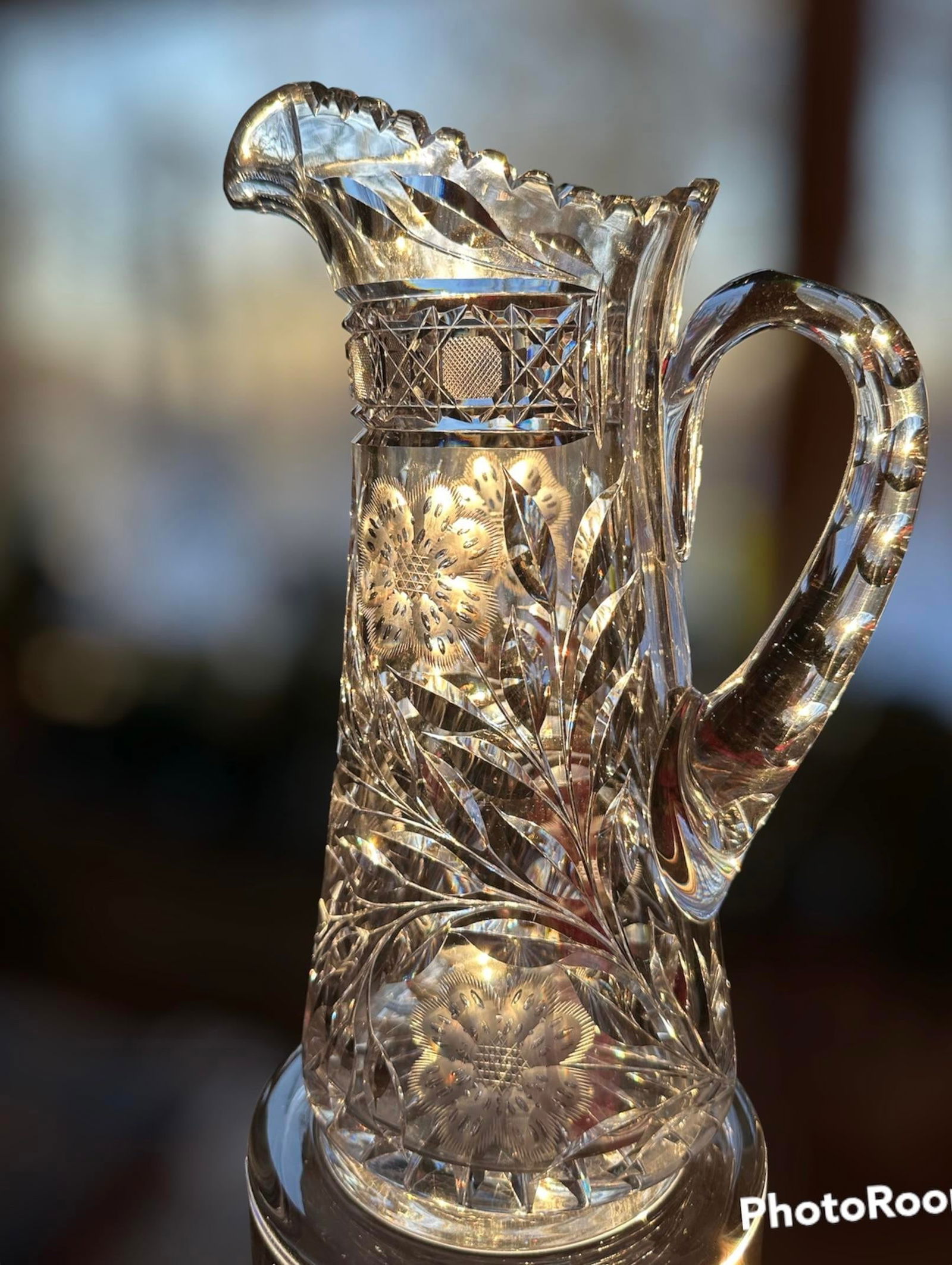 Antique Hand Cut Crystal Pitcher Tumbler Glass Set American Brilliant Period by Meriden- 6 Pieces - 4