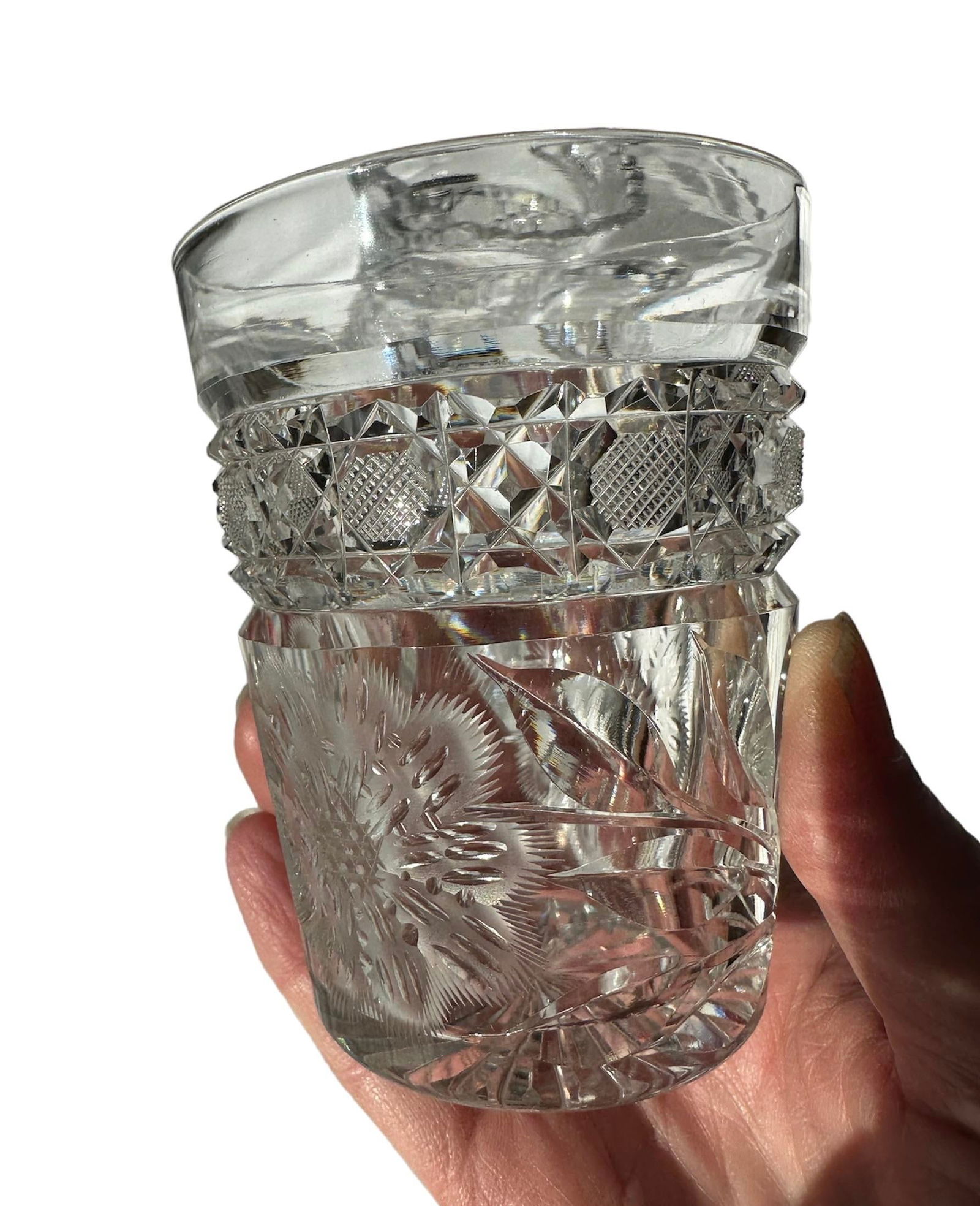 Antique Hand Cut Crystal Pitcher Tumbler Glass Set American Brilliant Period by Meriden- 6 Pieces - 5