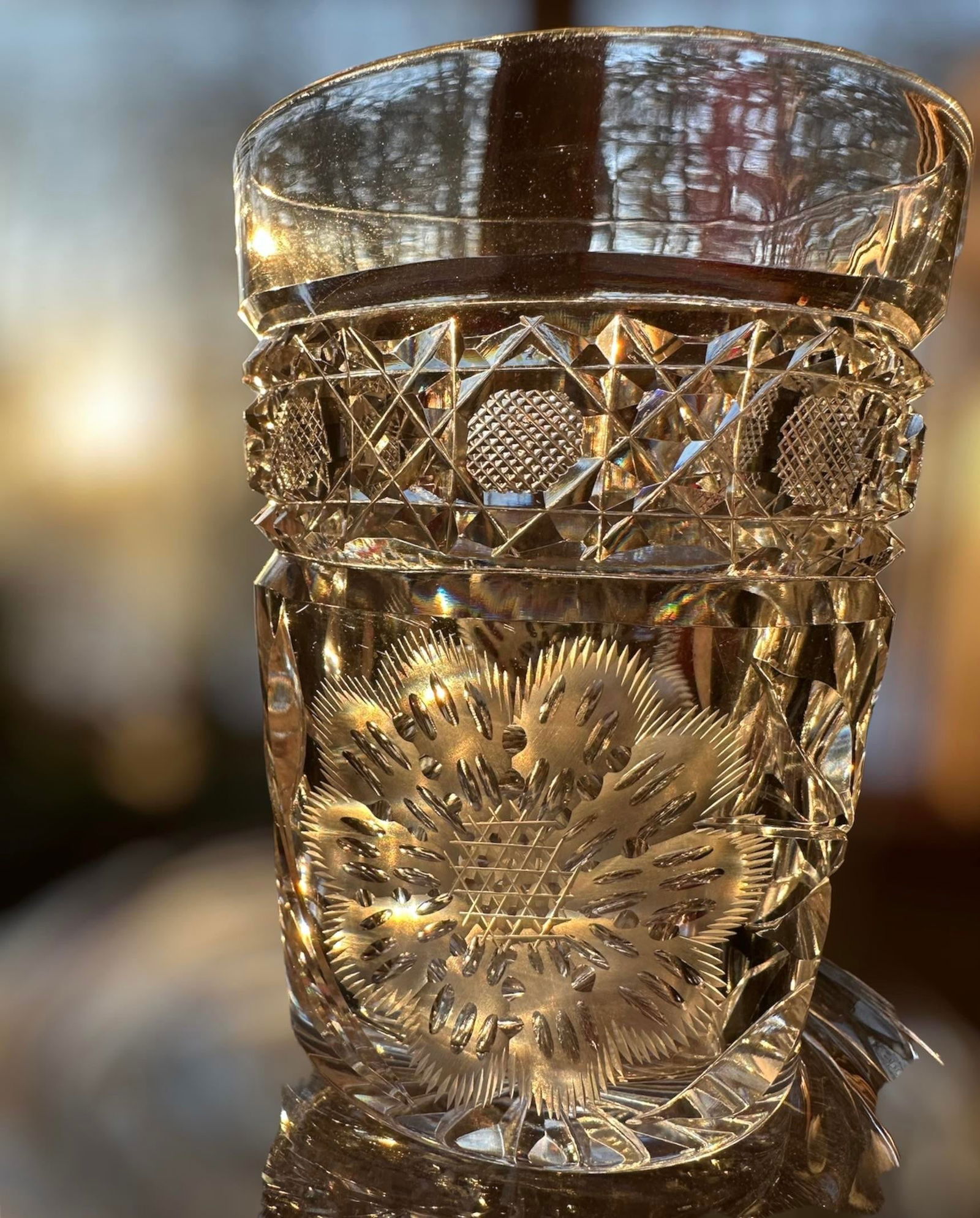 Antique Hand Cut Crystal Pitcher Tumbler Glass Set American Brilliant Period by Meriden- 6 Pieces - 6