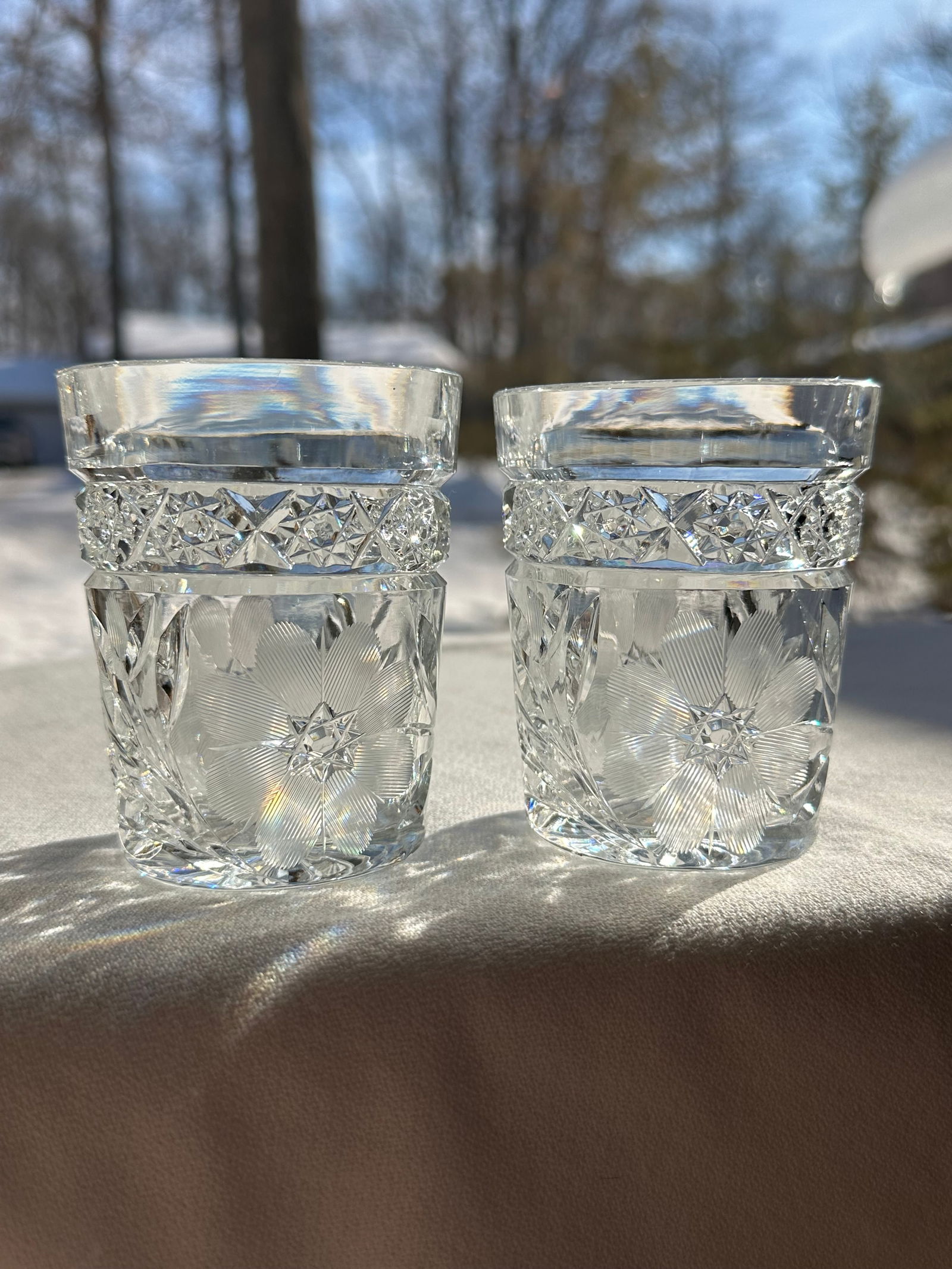 Antique Hand Cut Crystal Pitcher Tumbler Glass Set American Brilliant Period by Meriden- 6 Pieces - 8