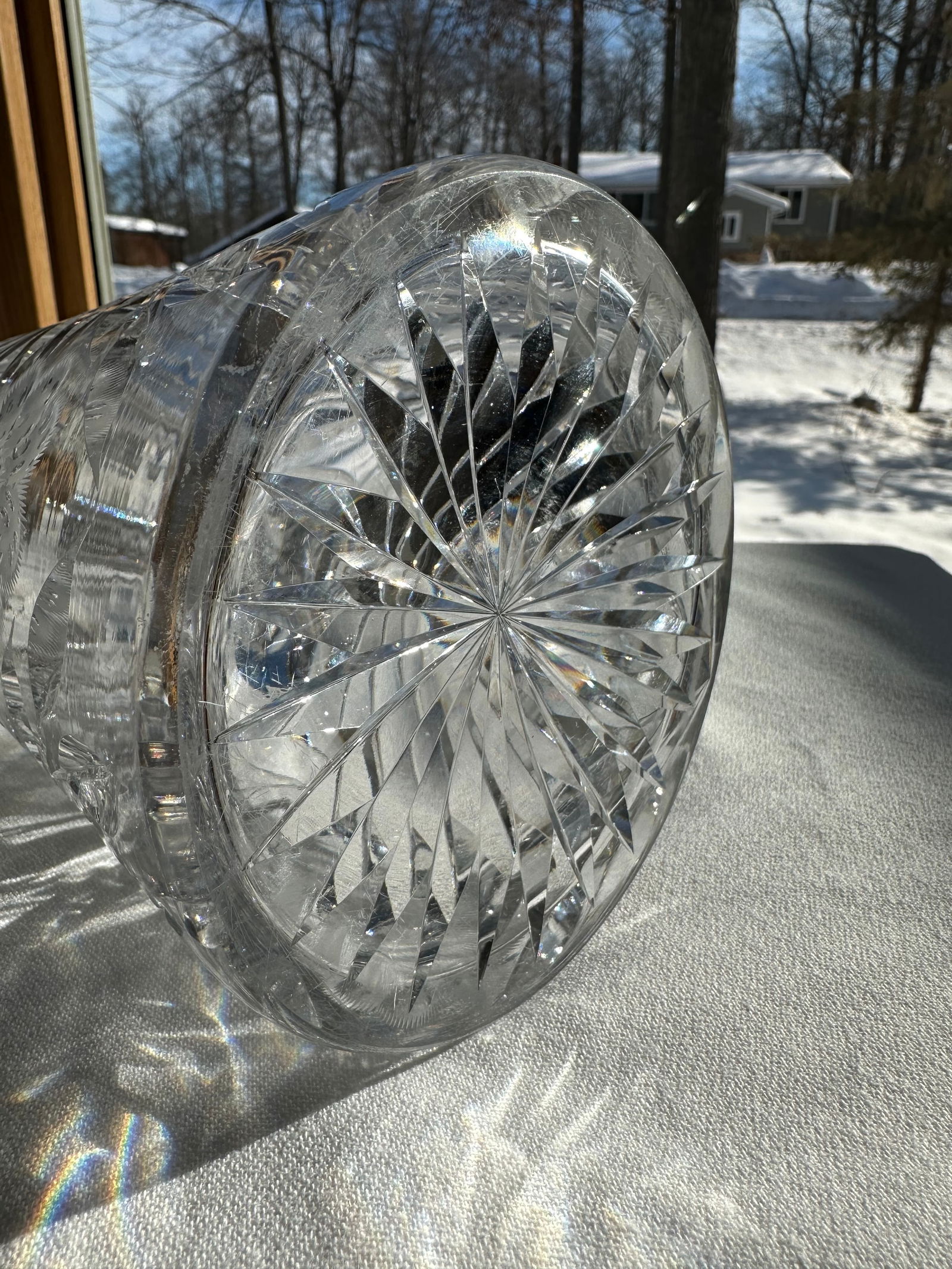 Antique Hand Cut Crystal Pitcher Tumbler Glass Set American Brilliant Period by Meriden- 6 Pieces - 9