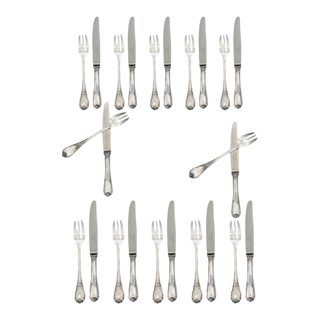 French Christofle 'Marly' Pattern Dessert Flatware Set: Ornate 24-piece silverplate dessert set by Christofle Paris in the beloved Marly pattern, introduced in 1890 and known for its rococo scrollwork, shell accents, and fine French craftsmanship.