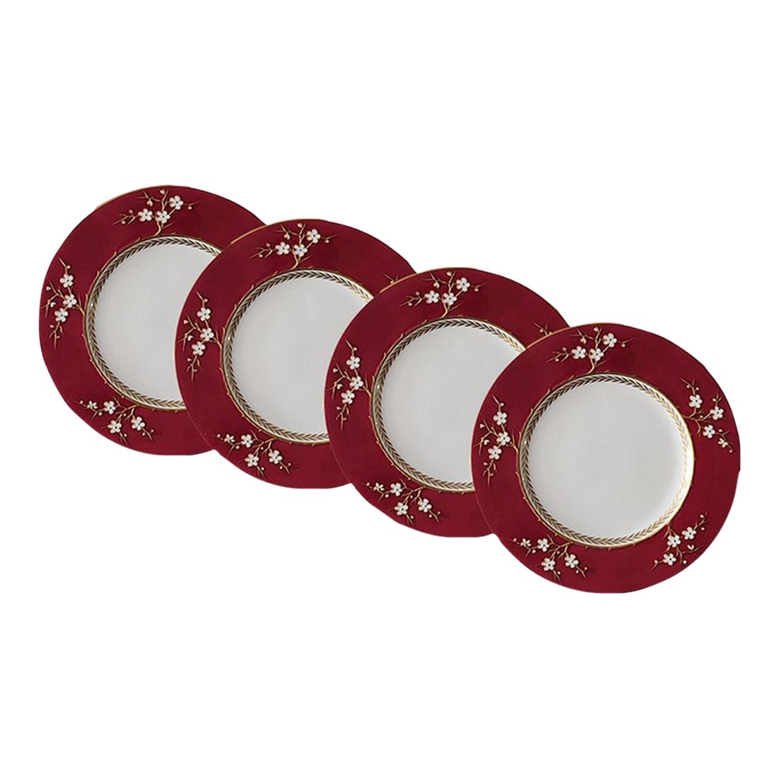 4 Copeland Blanc De Chine Spode Dinner Plates - Wide Deep Pink White Raised Flowers: Pair of Spode Copeland Blanc de Chine dinner plates with deep pink rim, raised white flowers, white center and gold trim. Made in England. I have 4 similar plates with a yellow band and 2 similar