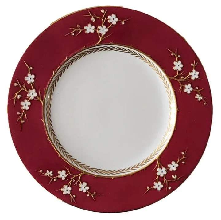 4 Copeland Blanc De Chine Spode Dinner Plates - Wide Deep Pink White Raised Flowers - 2
