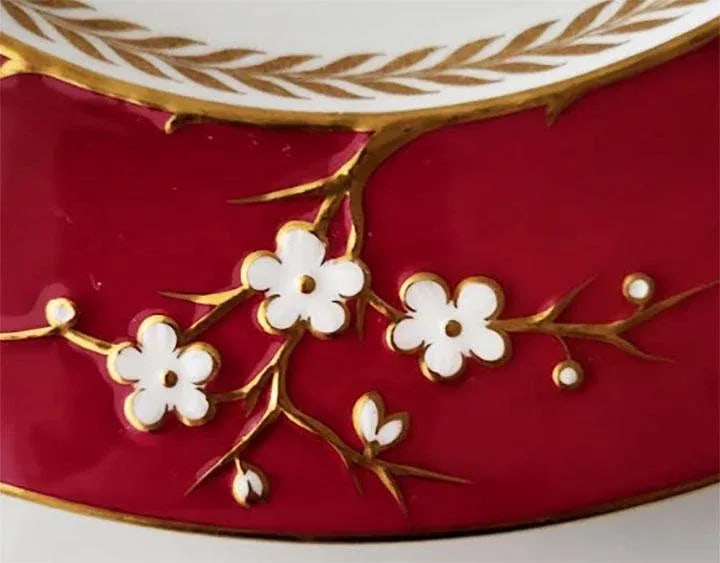 4 Copeland Blanc De Chine Spode Dinner Plates - Wide Deep Pink White Raised Flowers - 3