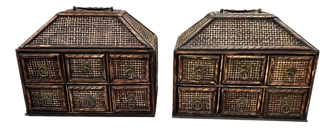 Vintage Woven Rattan British Colonial, West Indies Coastal Style Tabletop Six Drawer Storage Organiz: Offered as a pair these vintage woven rattan British Colonial, West Indies coastal style tabletop six drawer storage organizer box. These boxes would make lovely and useful decor for a mantle, bath