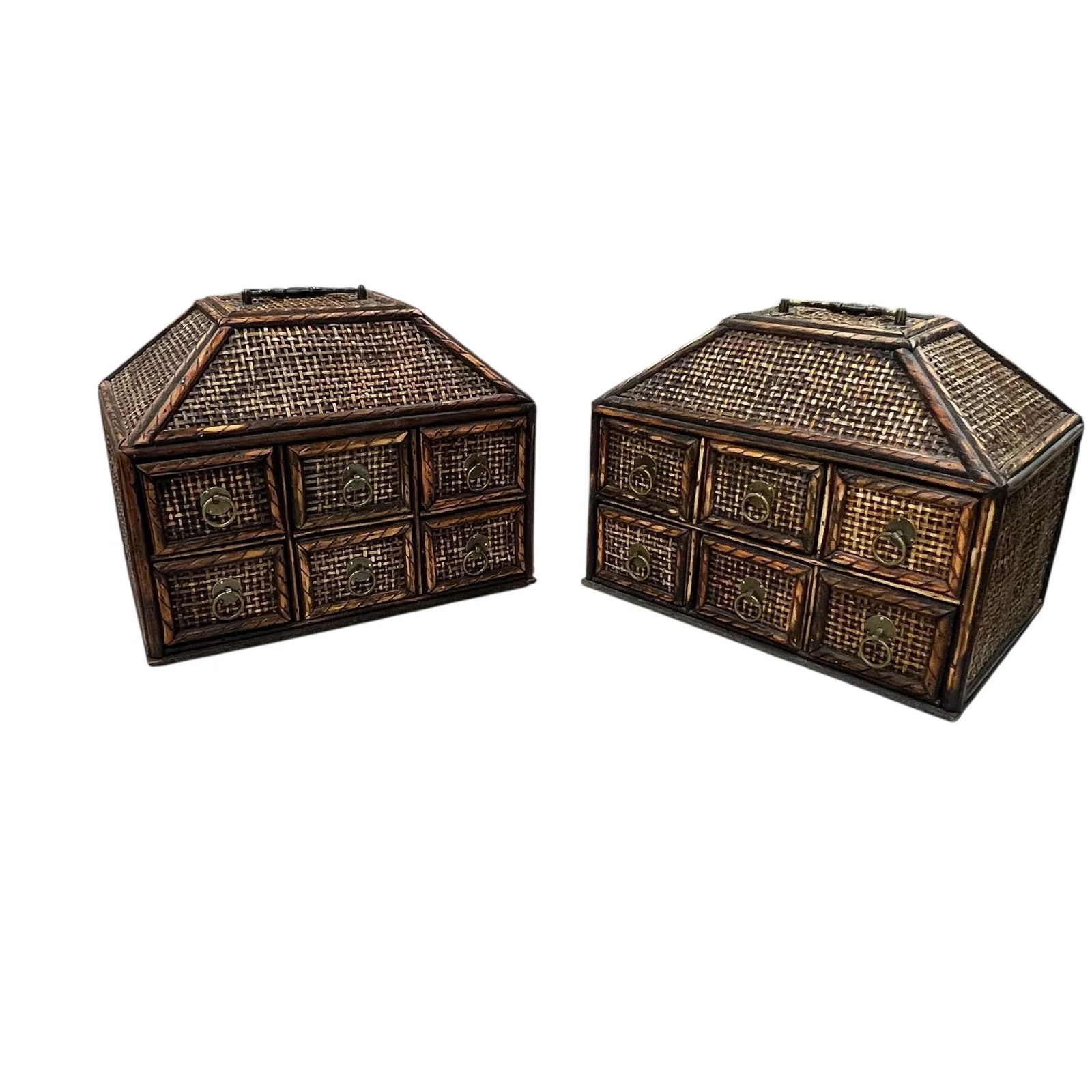 Vintage Woven Rattan British Colonial, West Indies Coastal Style Tabletop Six Drawer Storage Organiz - 2