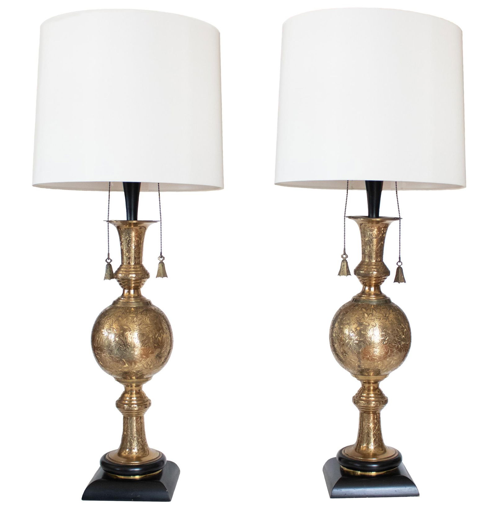 Mid Century Very Tall Indo-Persian Brass Lamps With Shades - A Pair - 11