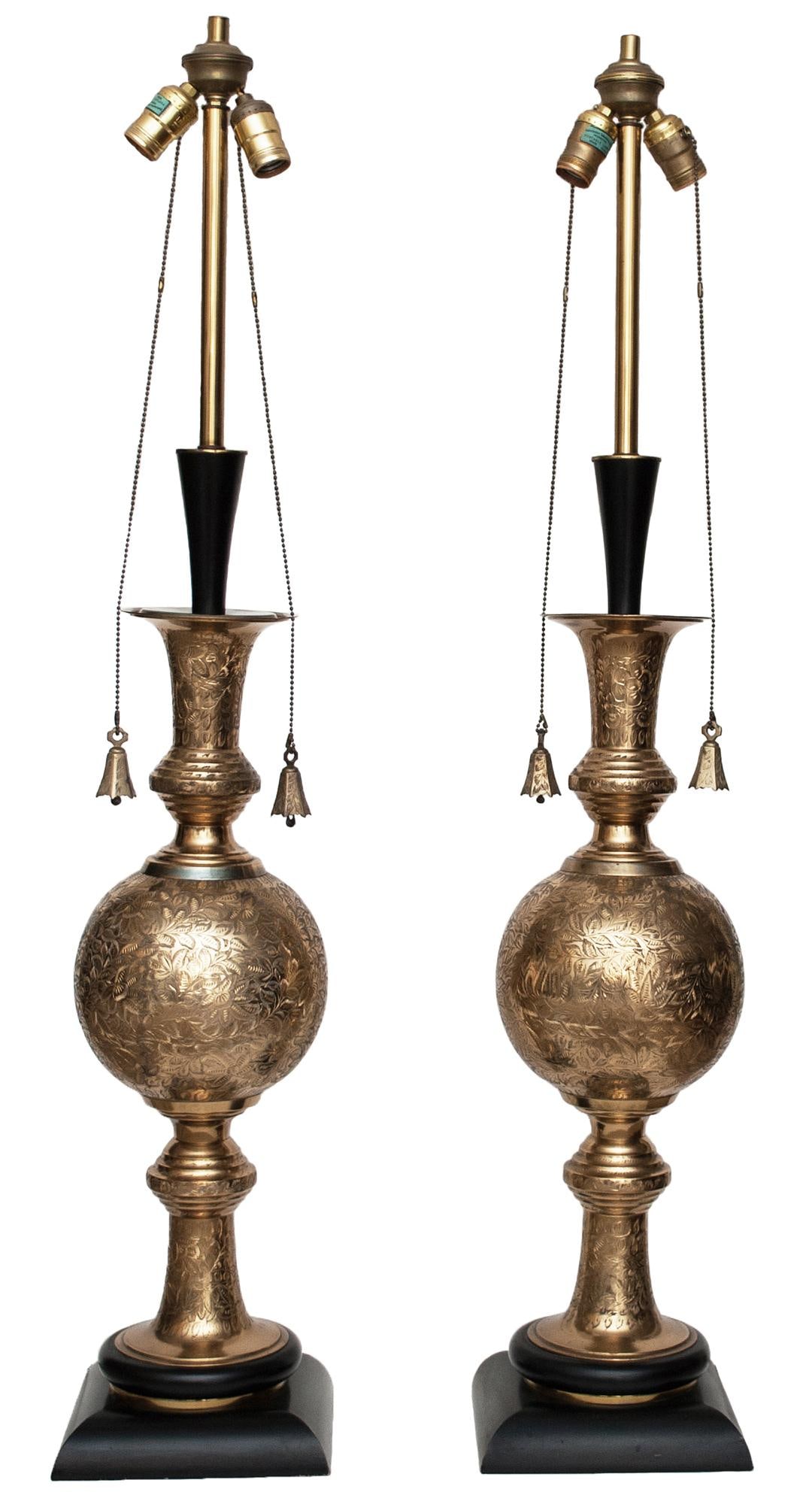 Mid Century Very Tall Indo-Persian Brass Lamps With Shades - A Pair - 2
