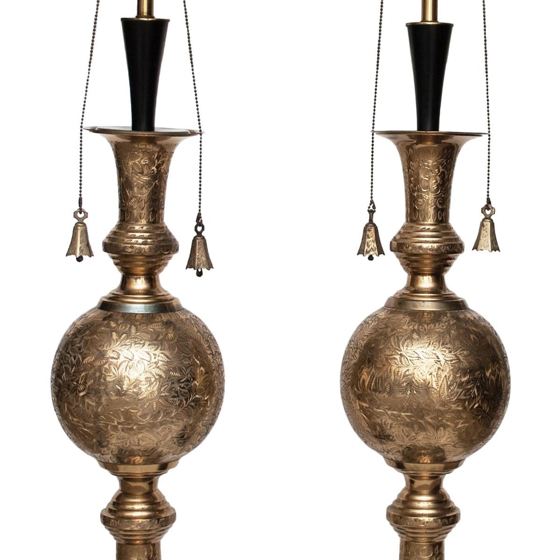 Mid Century Very Tall Indo-Persian Brass Lamps With Shades - A Pair - 3