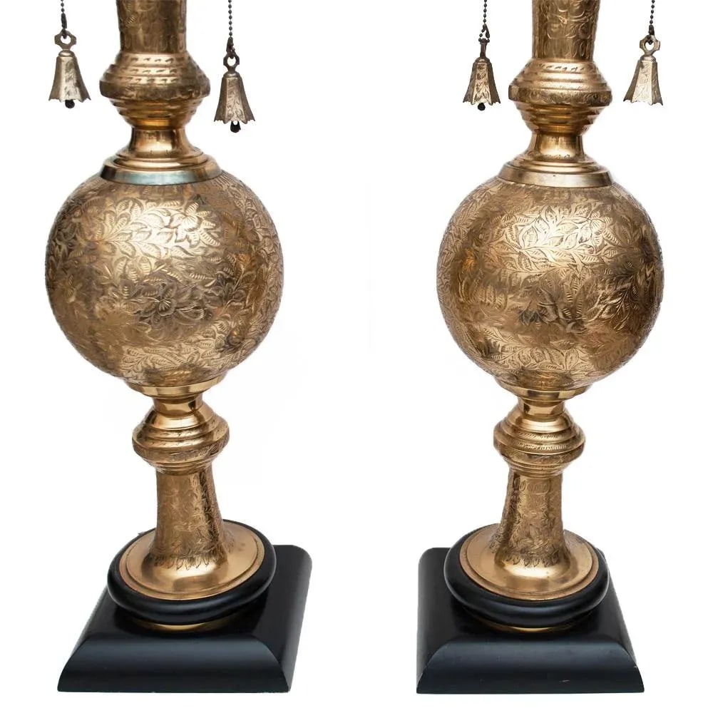 Mid Century Very Tall Indo-Persian Brass Lamps With Shades - A Pair - 4