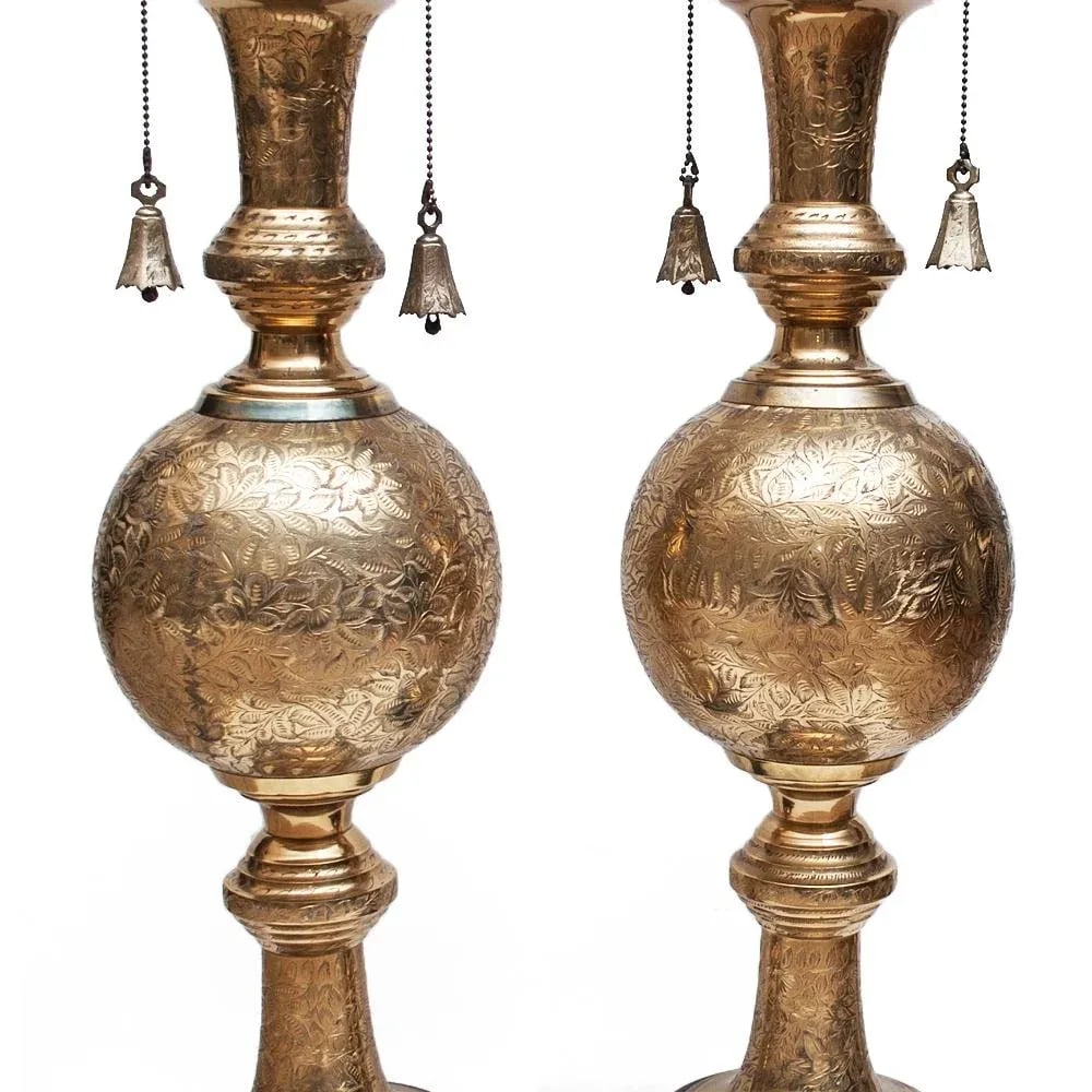 Mid Century Very Tall Indo-Persian Brass Lamps With Shades - A Pair - 5