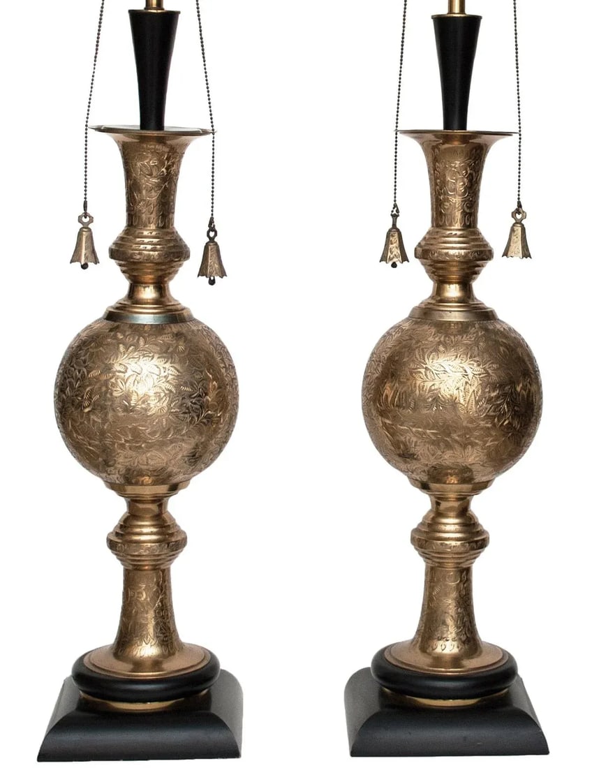 Mid Century Very Tall Indo-Persian Brass Lamps With Shades - A Pair - 8