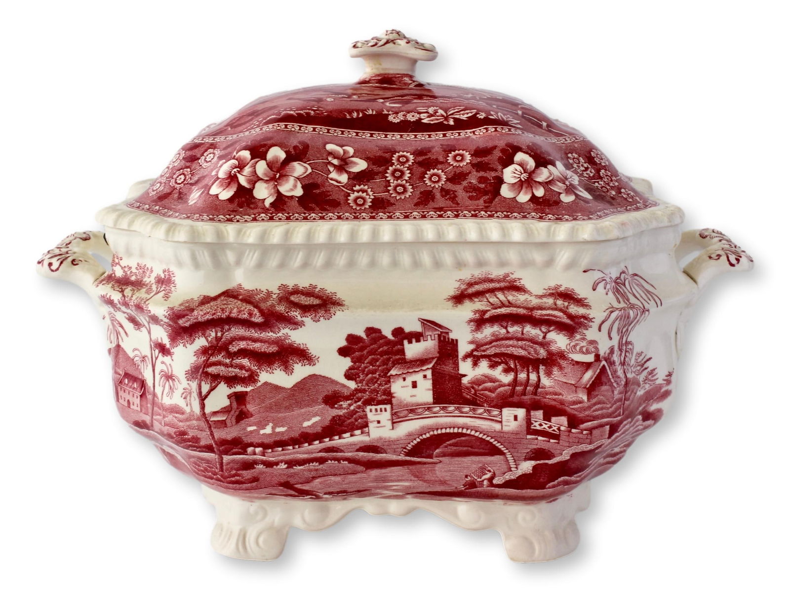 Rare Antique Copeland Spode's Tower Red Transferware Soup Tureen - 5