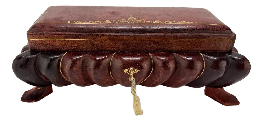 Italian Leather-Clad and Gilt-Tooled Tabletop Jewelry or Trinket Box, Mid-20th C: **Italian Leather-Clad and Gilt-Tooled Tabletop Jewelry or Trinket Box, Mid-20th Century** This unusually sculptural leather-covered box, marked *Made in Italy and Makers address Pelletterie