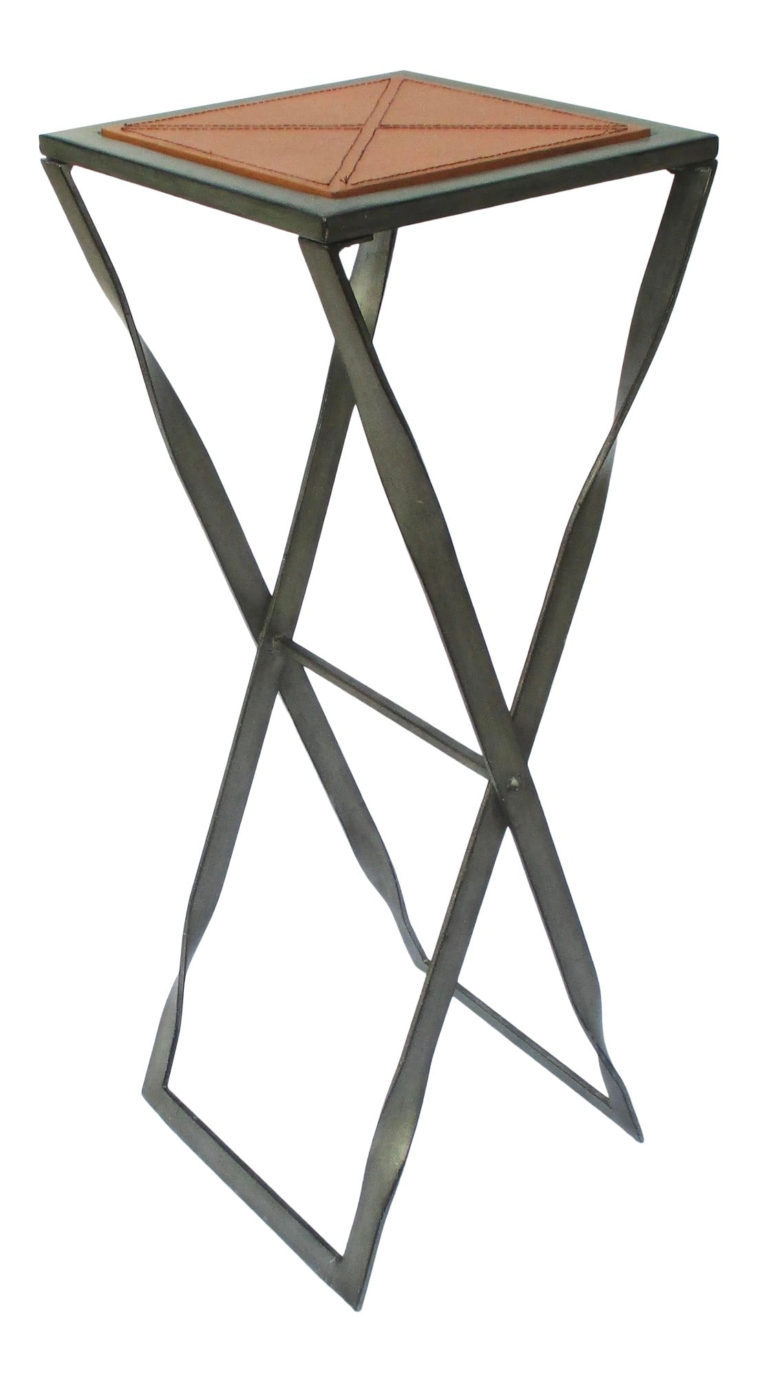 1980s Steel X-Stretcher Tall Pedestal: Patinated Steel X-stretcher form the tall pedestal. Stell legs 1.5" wide by. 2 thick with brushed silver varnish. Vintaged or shades at all edges. The top is inset with a leather stitched panel in a
