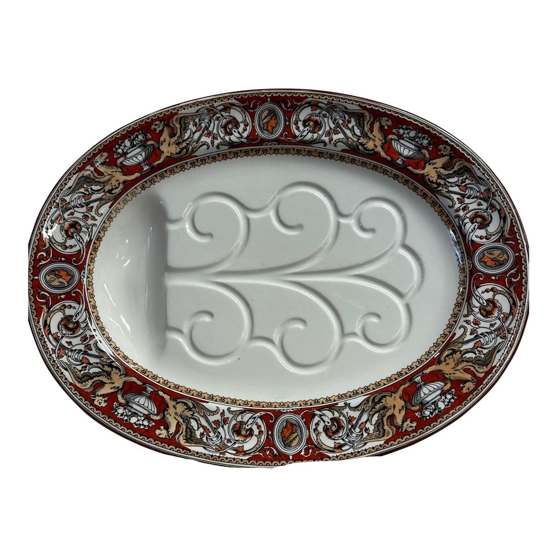 Large Regal Italian Carving Platter Minton Florentine Griffin Carving Platter !850"s: Minton Florentine Platter Griffins God Mercury 1862 Antique Rust, gold & black transfer border of the God Mercury Winged Griffins & scrolls 19 1/4" long. 15 1/2" wide. Registry mark dates this