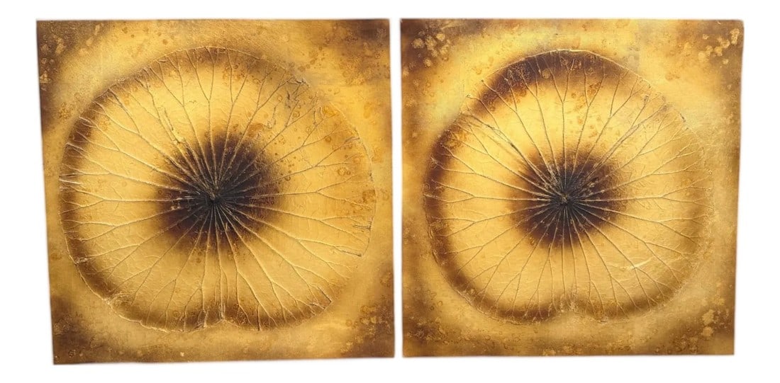 Palecek Gold Lotus Leaf Metallic Wall Decor - A Pair: This pair of artwork, designed for Palecek, was produced in 2013. The lotus leaf design is made of natural fibers. The design can work its way into a natural, organic space or a modern one with ease.