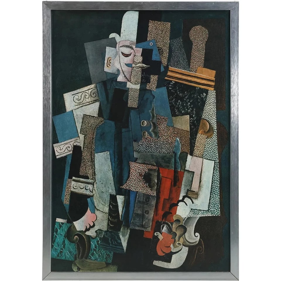 1960s After Picasso, Vintage Litho-Print 28 X 19 In. Modern Abstract Cubism "Man With Pipe" 1915, Fr - 15