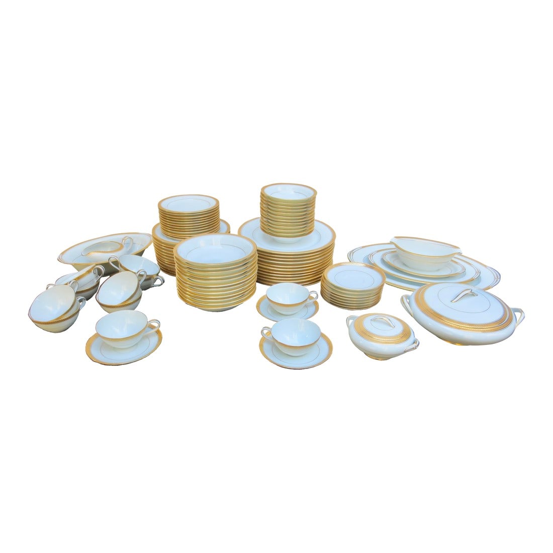 Noritaki Dinnerware Set of Goldridge Pattern -Set of 101 Pieces: An extensive set of Noritaki Porcelain, featuring the Gold Ridge pattern. Perfect set, never used by previous owner. They are in immaculate condition. The set consists of : 12 Dinner plates 10.25" 12