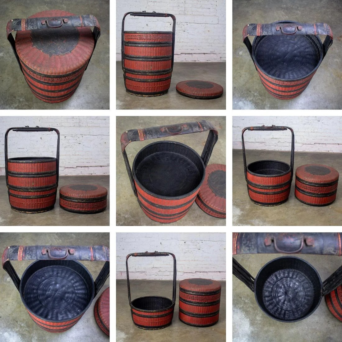 19th Century Antique Asian Red & Black Lacquer 4 Tier Woven Grass Stackable Chinese Wedding Basket - 11