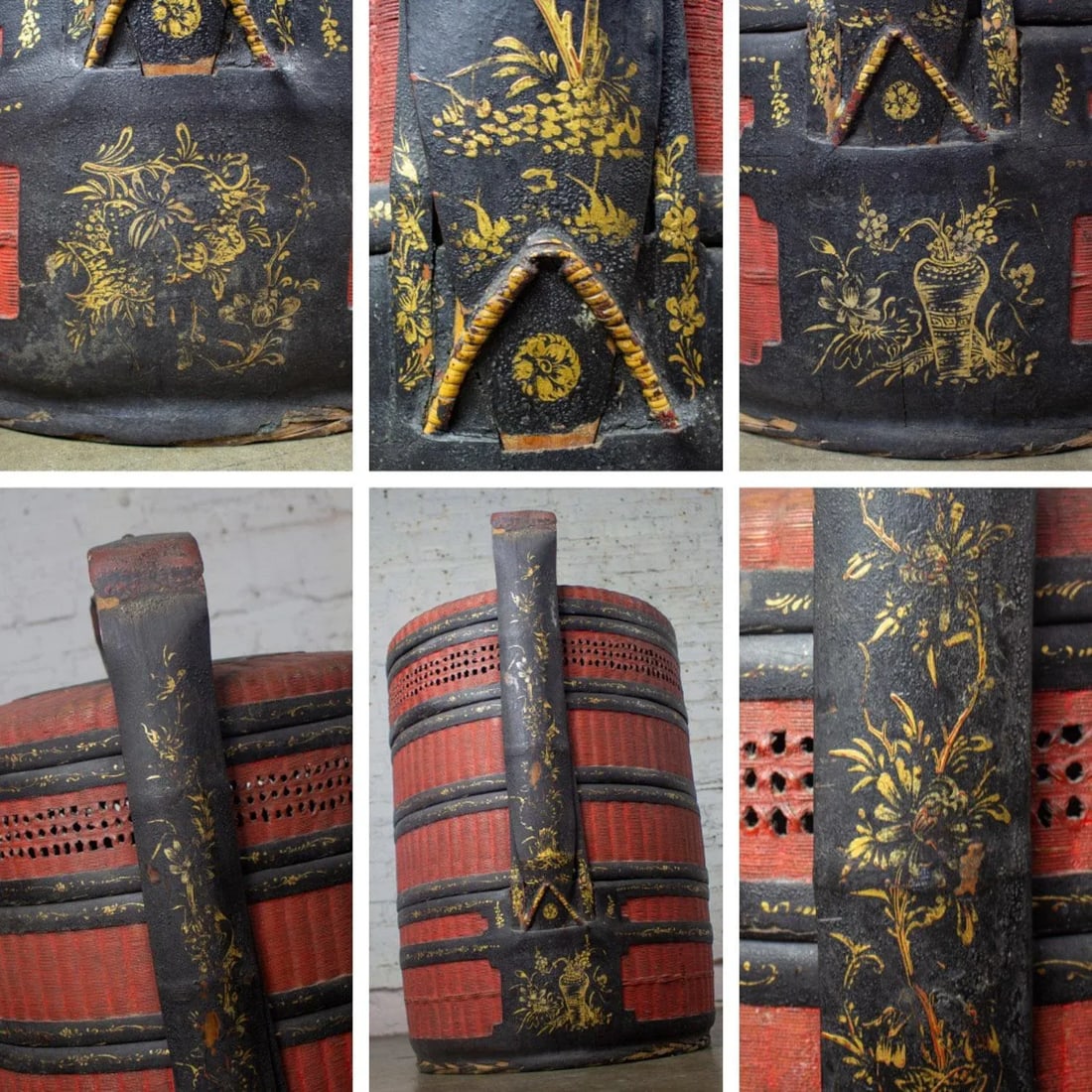 19th Century Antique Asian Red & Black Lacquer 4 Tier Woven Grass Stackable Chinese Wedding Basket - 12