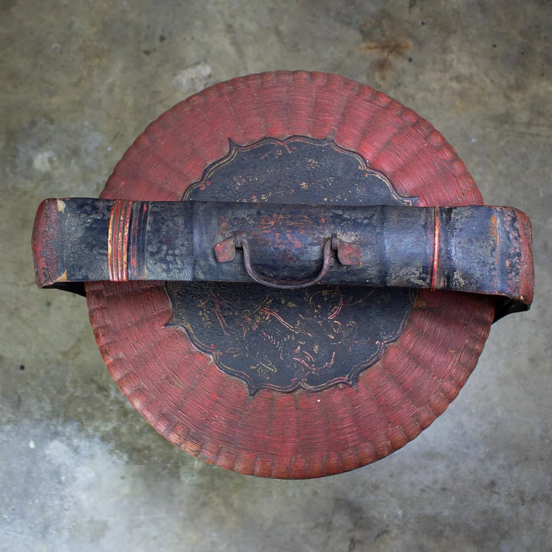 19th Century Antique Asian Red & Black Lacquer 4 Tier Woven Grass Stackable Chinese Wedding Basket - 13