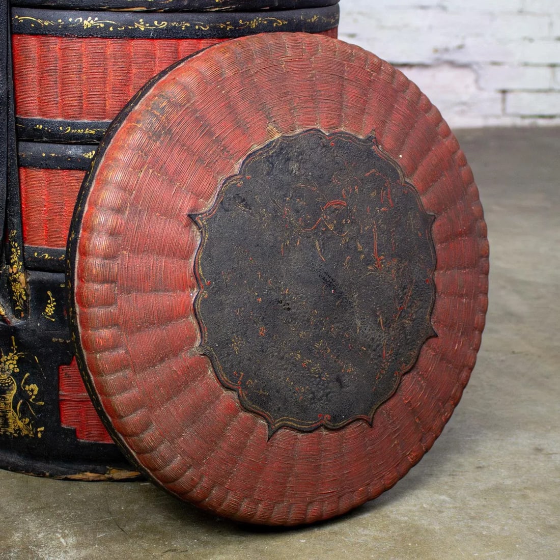 19th Century Antique Asian Red & Black Lacquer 4 Tier Woven Grass Stackable Chinese Wedding Basket - 15