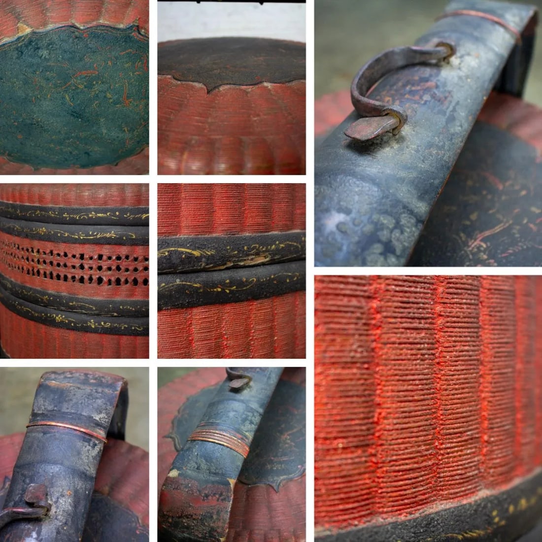 19th Century Antique Asian Red & Black Lacquer 4 Tier Woven Grass Stackable Chinese Wedding Basket - 16