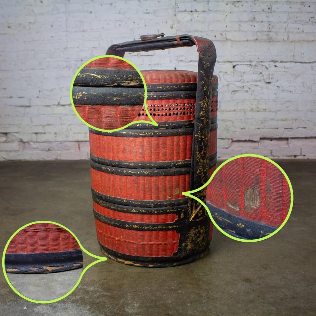 19th Century Antique Asian Red & Black Lacquer 4 Tier Woven Grass Stackable Chinese Wedding Basket - 17