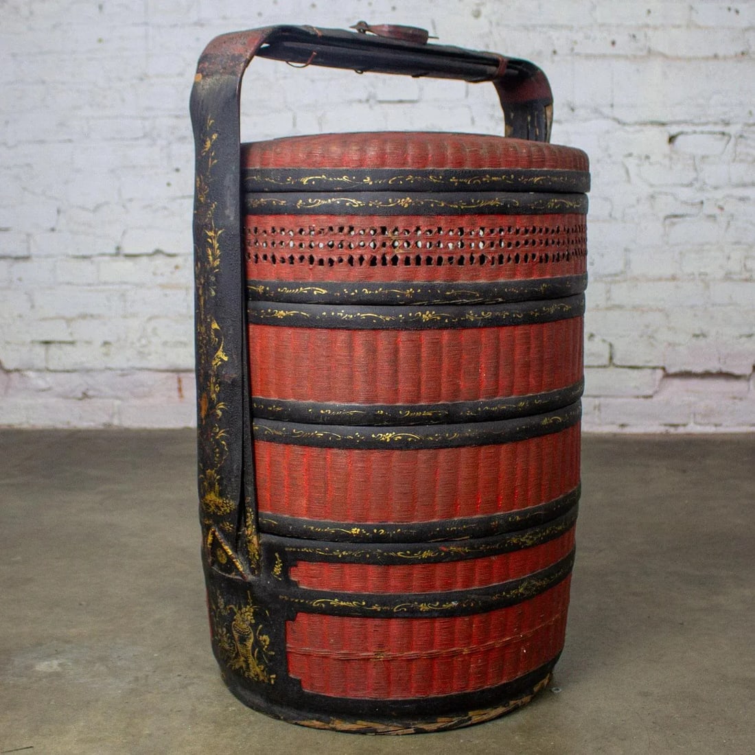 19th Century Antique Asian Red & Black Lacquer 4 Tier Woven Grass Stackable Chinese Wedding Basket - 18