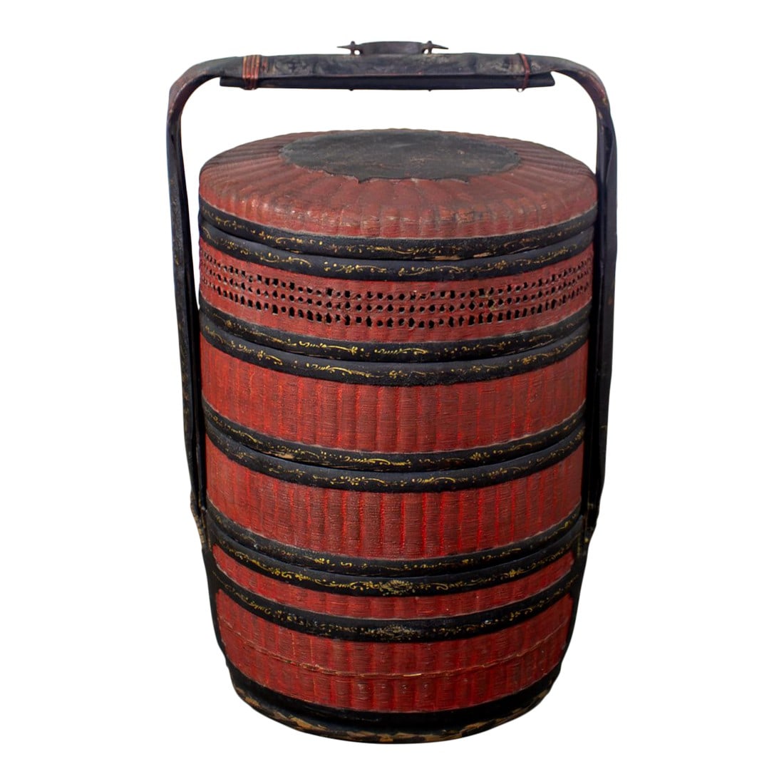 19th Century Antique Asian Red & Black Lacquer 4 Tier Woven Grass Stackable Chinese Wedding Basket: Marvelous antique Asian red lacquered 4 tier woven grass stackable Chinese Wedding basket with hand painted & etched details, purposely distressed finish handle, & handwrought bail handle on top. Beau