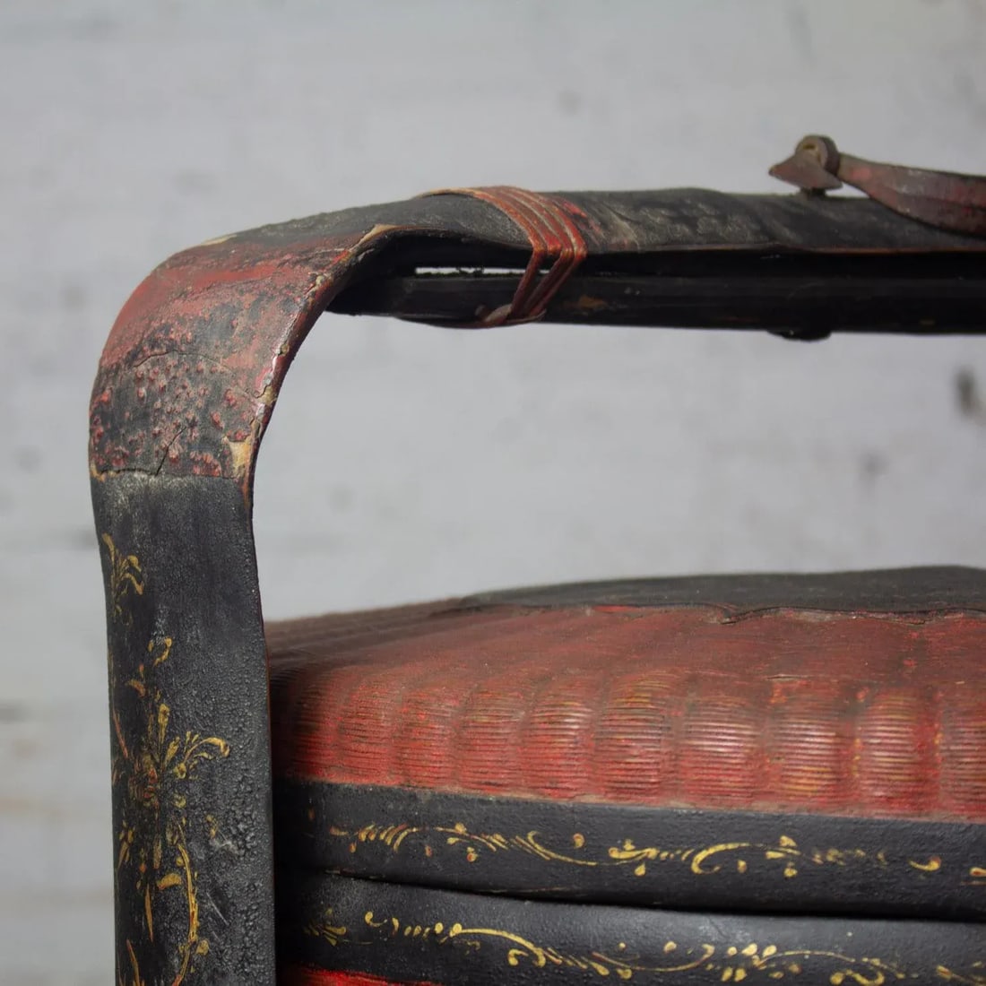 19th Century Antique Asian Red & Black Lacquer 4 Tier Woven Grass Stackable Chinese Wedding Basket - 4