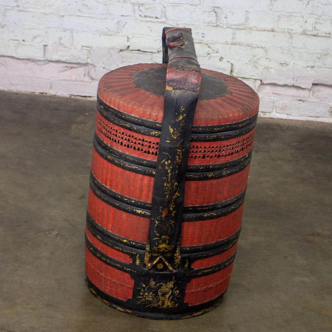 19th Century Antique Asian Red & Black Lacquer 4 Tier Woven Grass Stackable Chinese Wedding Basket - 5