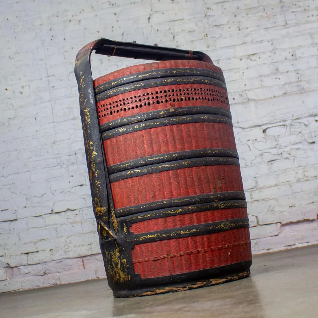 19th Century Antique Asian Red & Black Lacquer 4 Tier Woven Grass Stackable Chinese Wedding Basket - 6