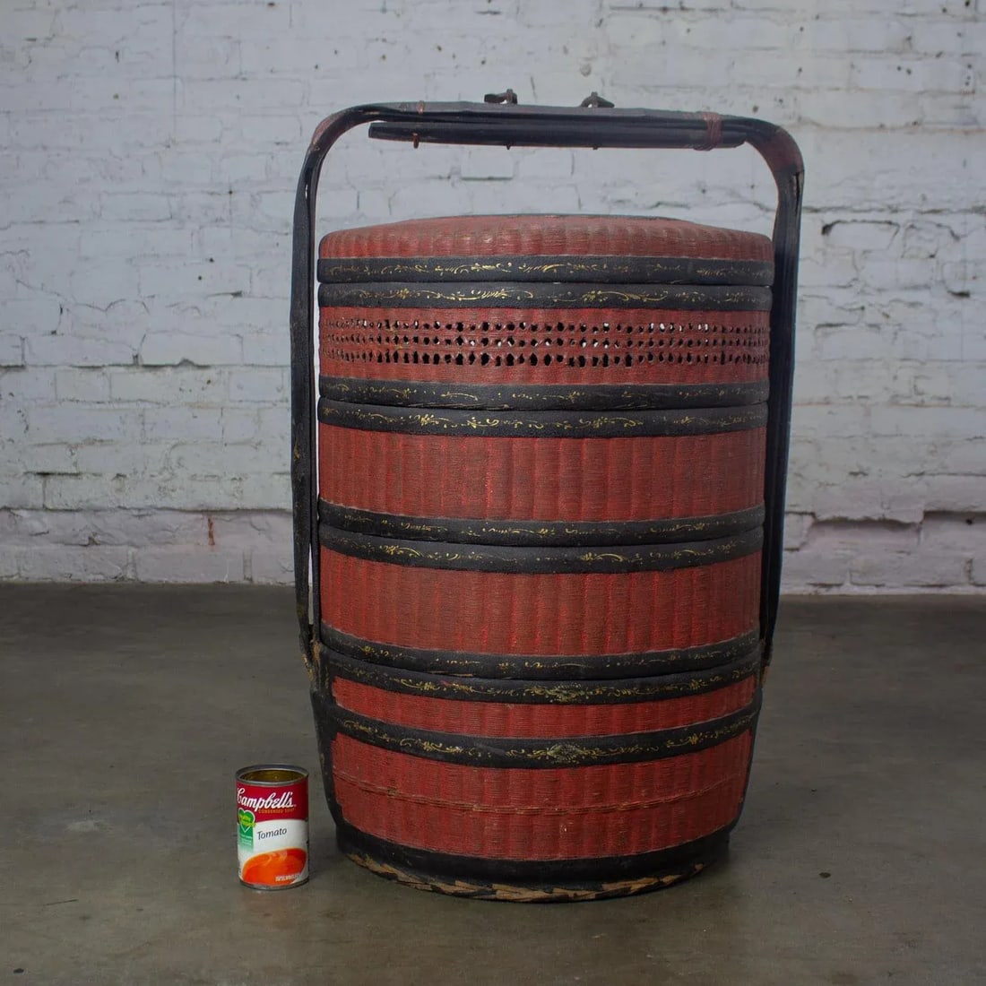 19th Century Antique Asian Red & Black Lacquer 4 Tier Woven Grass Stackable Chinese Wedding Basket - 9